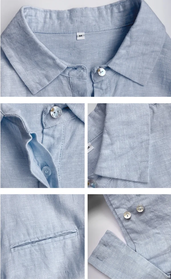 Ocean Breeze | French Retro Light Blue Linen Shirt Dress -100% Pure Linen Midi Casual Summer Dress with Belt & Pockets - Image 7