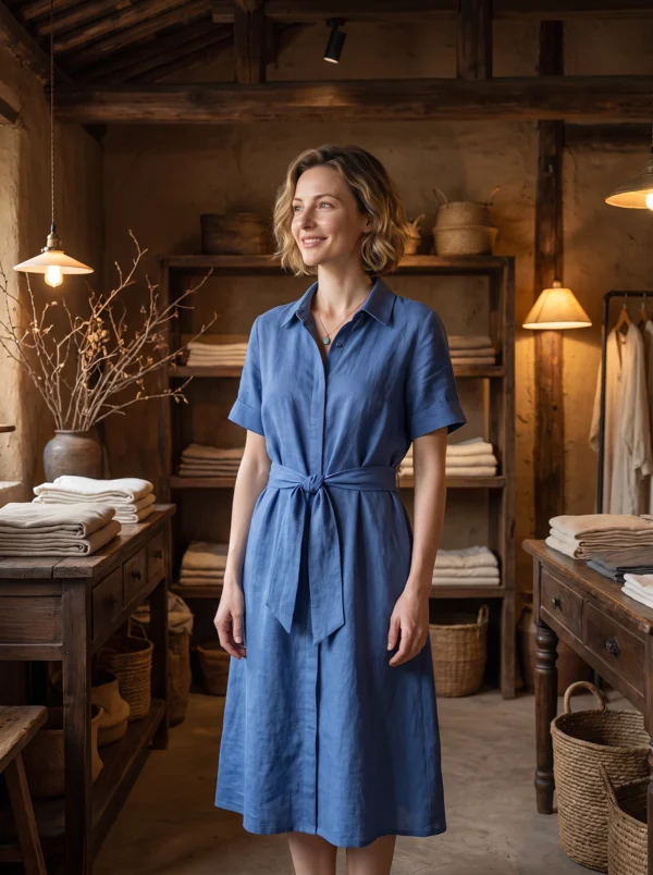 The Classic French Linen Shirt Dress | Midi Button-Down Dress with Waist Tie in Timeless Navy - Image 3