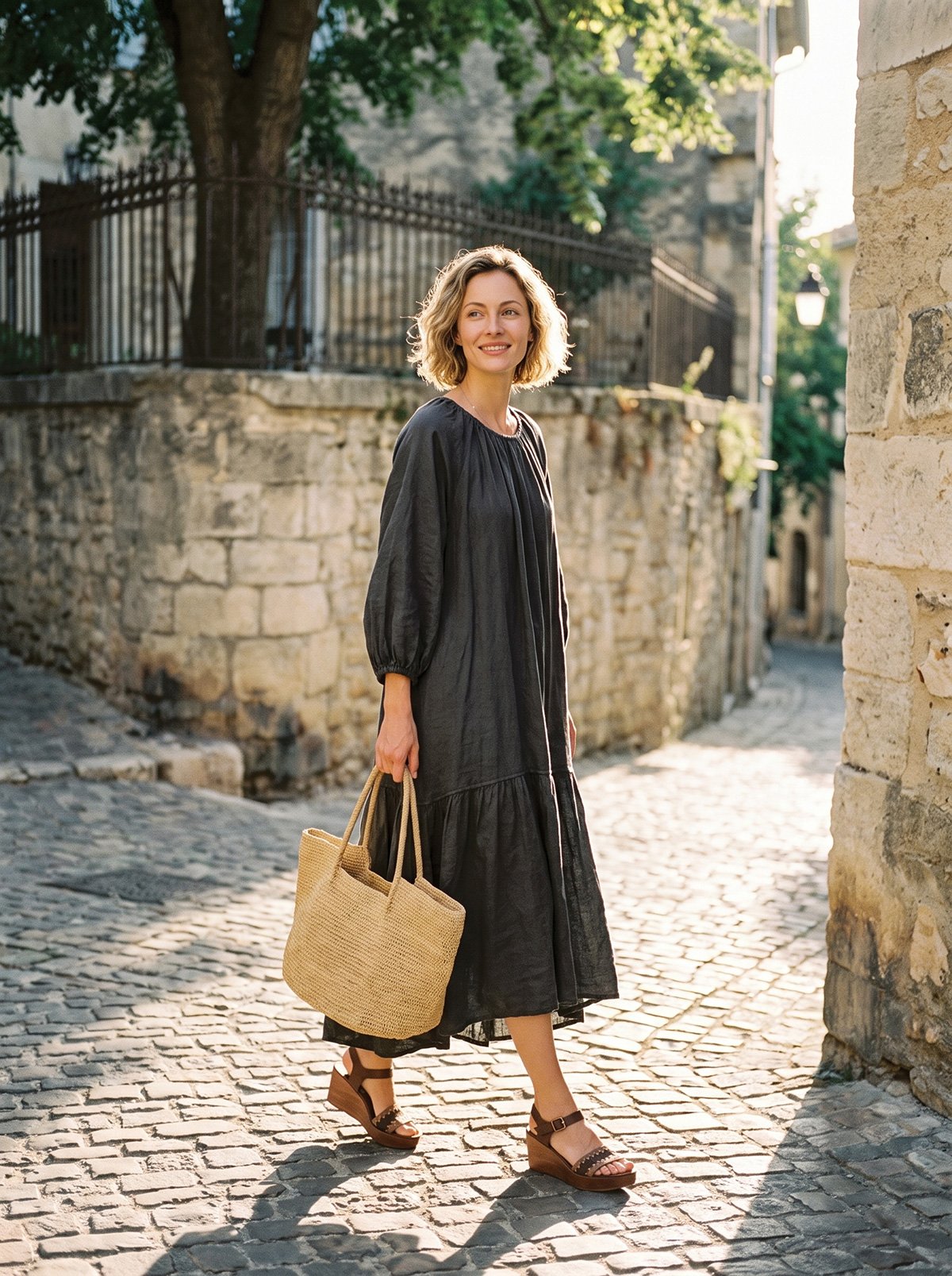 The Classic Cotton-Linen Tiered Midi Dress | Loose-Fit Shirred Dress in Muted Charcoal-2026 New Style - Image 1