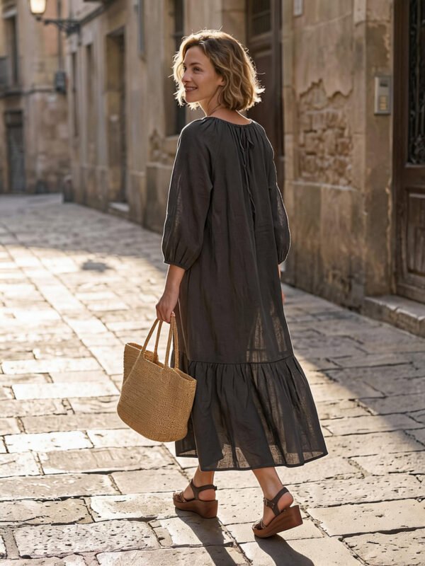 The Classic Cotton-Linen Tiered Midi Dress | Loose-Fit Shirred Dress in Muted Charcoal-2026 New Style