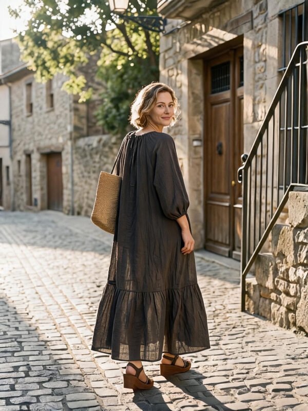 The Classic Cotton-Linen Tiered Midi Dress | Loose-Fit Shirred Dress in Muted Charcoal-2026 New Style - Image 3