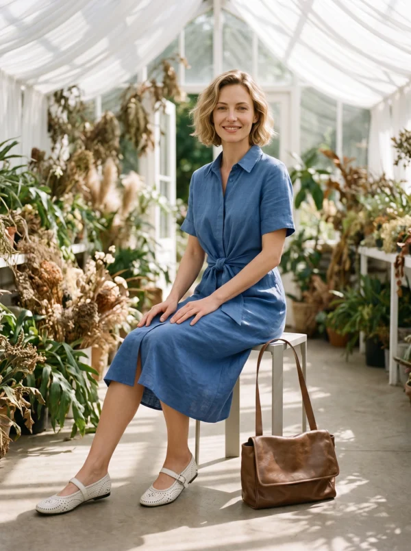The Classic French Linen Shirt Dress | Midi Button-Down Dress with Waist Tie in Timeless Navy - Image 6