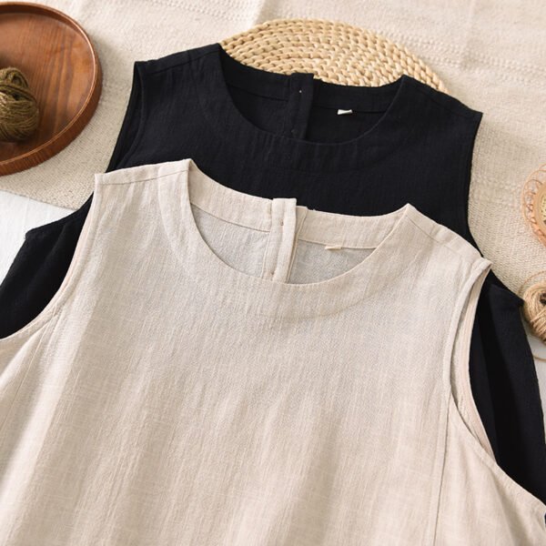 Off-Beige & Black   Ramie Cotton Sleeveless Dress - French Vintage Loose Midi Dress with Back Button Detail - Image 18