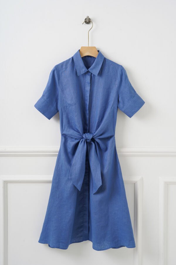 The Classic French Linen Shirt Dress | Midi Button-Down Dress with Waist Tie in Timeless Navy - Image 10