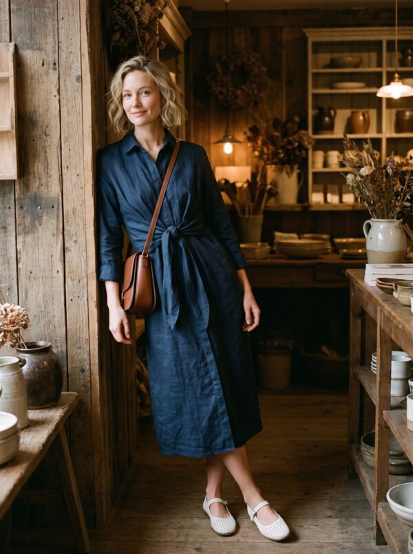 The Classic French Linen Shirt Dress | Midi Button-Down Dress with Waist Tie in Deep Forest