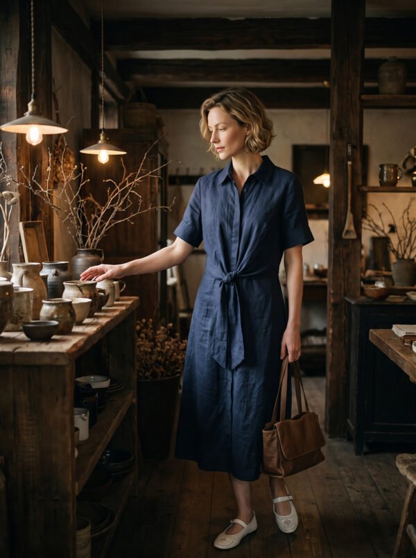 The Classic French Linen Shirt Dress | Midi Button-Down Dress with Waist Tie in Deep Forest - Image 3