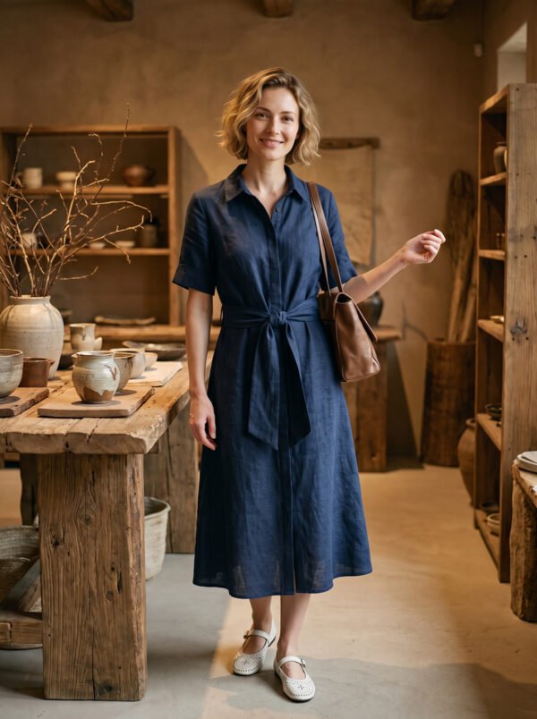 The Classic French Linen Shirt Dress | Midi Button-Down Dress with Waist Tie in Deep Forest - Image 4