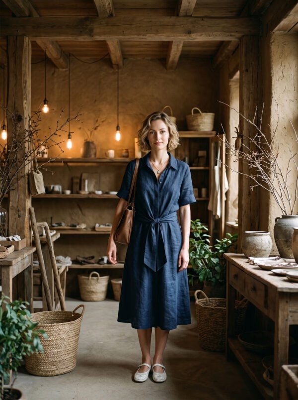The Classic French Linen Shirt Dress | Midi Button-Down Dress with Waist Tie in Deep Forest - Image 5
