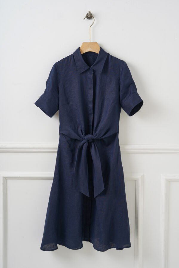 The Classic French Linen Shirt Dress | Midi Button-Down Dress with Waist Tie in Deep Forest - Image 8