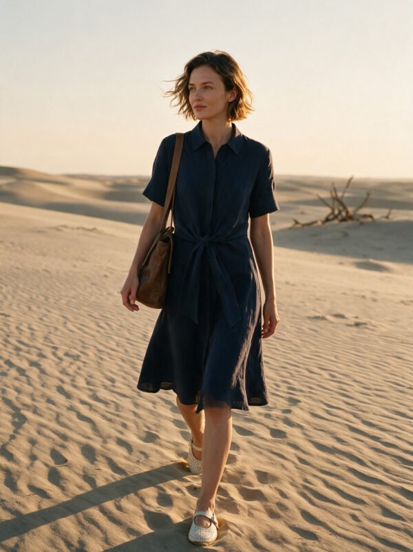 The Classic French Linen Shirt Dress | Midi Button-Down Dress with Waist Tie in Deep Forest - Image 6