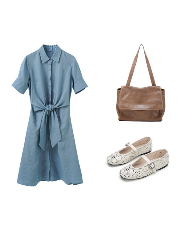The Classic French Linen Shirt Dress | Midi Button-Down Dress with Waist Tie in Ocean Blue - Image 12