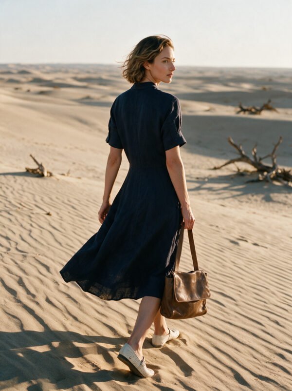 The Classic French Linen Shirt Dress | Midi Button-Down Dress with Waist Tie in Deep Forest - Image 7