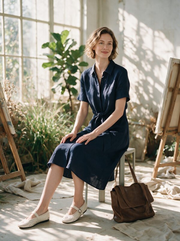 The Classic French Linen Shirt Dress | Midi Button-Down Dress with Waist Tie in Deep Forest