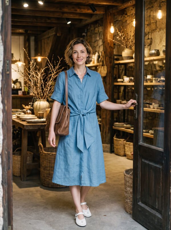 The Classic French Linen Shirt Dress | Midi Button-Down Dress with Waist Tie in Ocean Blue - Image 3