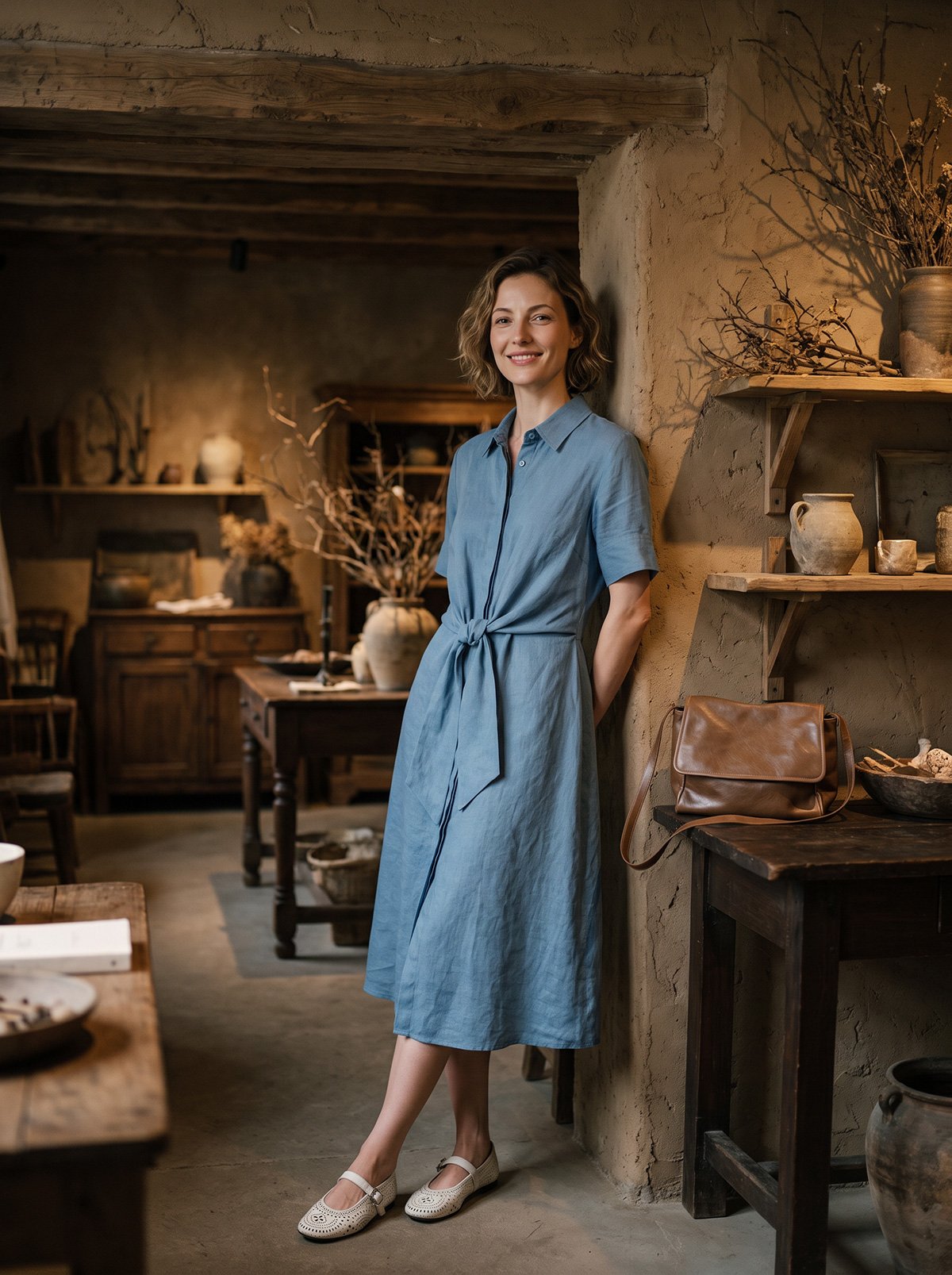 The Classic French Linen Shirt Dress | Midi Button-Down Dress with Waist Tie in Ocean Blue - Image 1