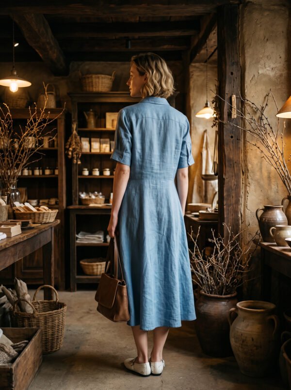 The Classic French Linen Shirt Dress | Midi Button-Down Dress with Waist Tie in Ocean Blue