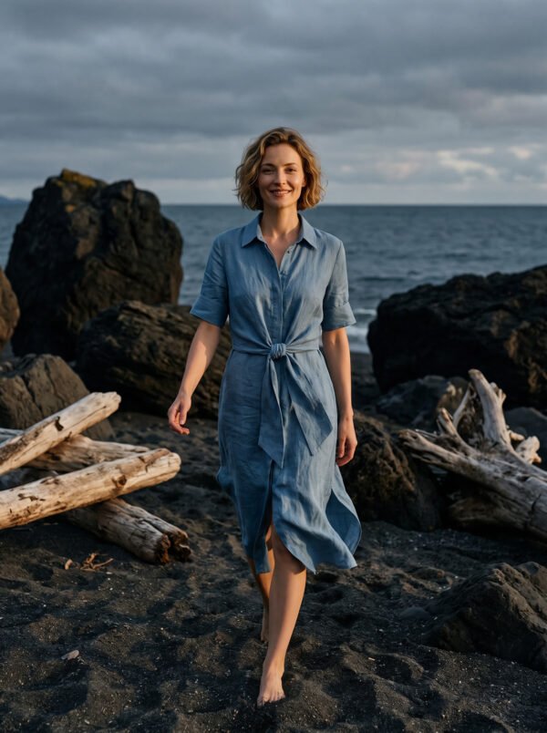 The Classic French Linen Shirt Dress | Midi Button-Down Dress with Waist Tie in Ocean Blue - Image 4