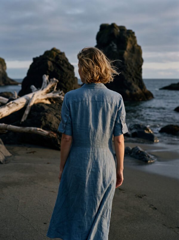 The Classic French Linen Shirt Dress | Midi Button-Down Dress with Waist Tie in Ocean Blue - Image 5