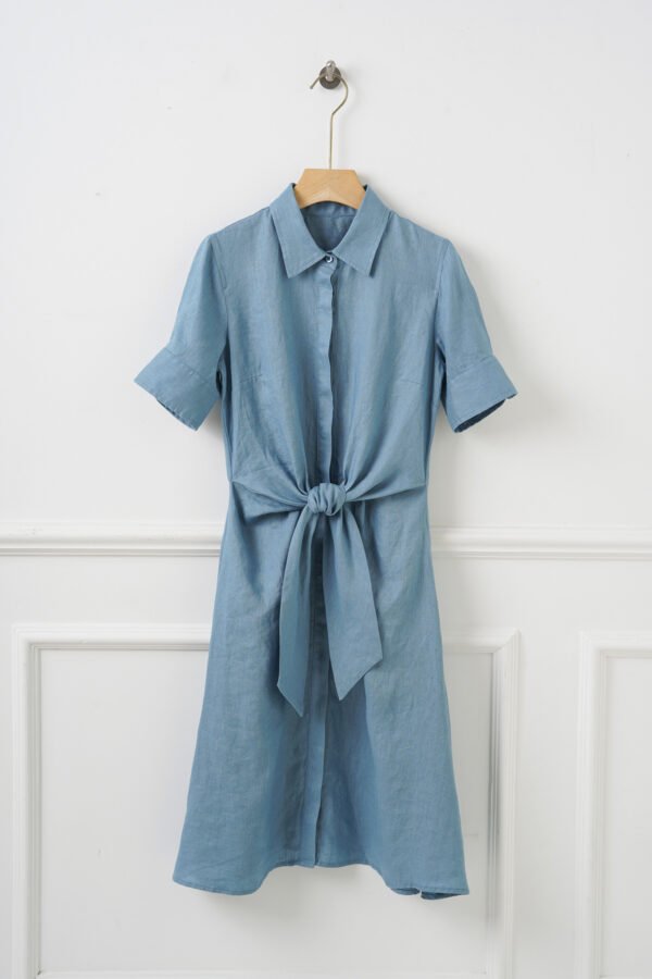 The Classic French Linen Shirt Dress | Midi Button-Down Dress with Waist Tie in Ocean Blue - Image 7
